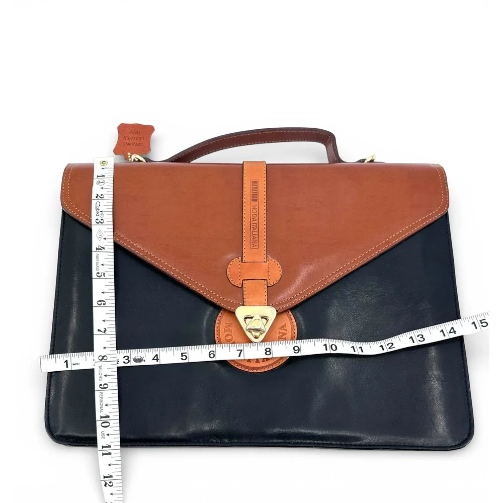 Vintage Moda Italiana Black Brown Leather Briefcase Document Bag